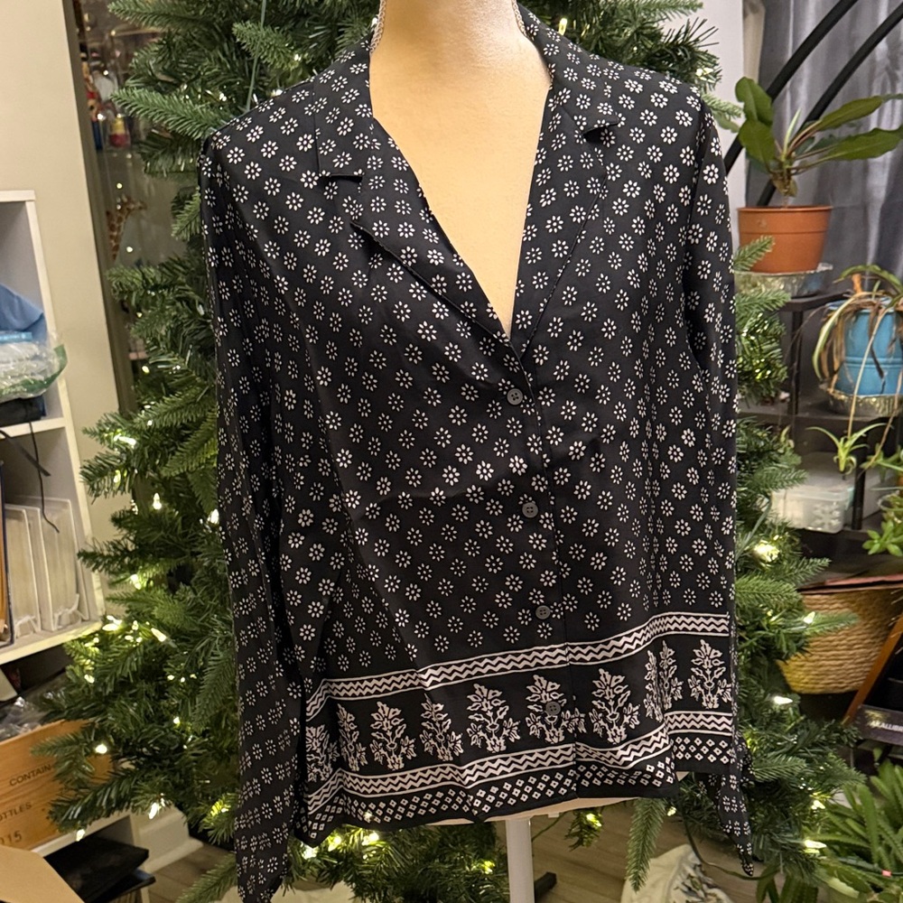 J. Crew Black Blouse with White Floral Design